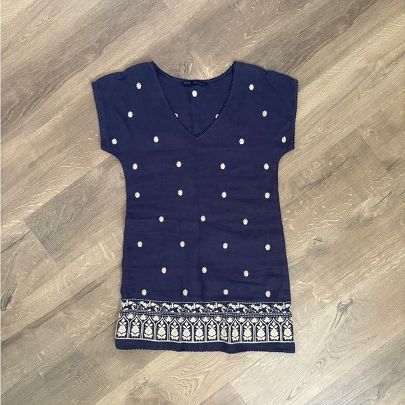 Zara Blue and White embroidered Tunic coverup 100% linen - Picture 4 of 12
